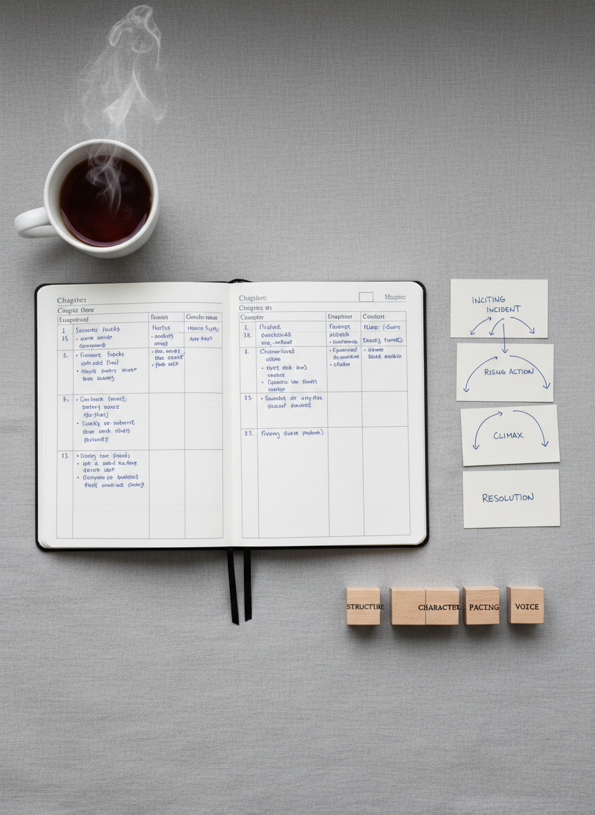 A carefully curated flat lay of a novel-in-progress: an open notebook filled with neatly handwritten chapter outlines, index cards arranged in a clear story arc, and small wooden blocks labeled with “Structure,” “Character,” “Pacing,” and “Voice.” A simple ceramic mug of tea sits to one side, faint steam rising. Everything rests on a linen-textured, dove-grey surface. Diffused overcast window light from above creates soft, shadowless illumination that highlights the paper textures and muted, sophisticated color palette. Photographic realism, top-down bird’s-eye composition with generous negative space around the planning elements, mood calm, thoughtful, and organized, evoking big-picture story consulting and structural development support.
