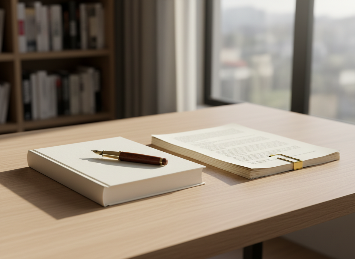A meticulously arranged writing desk showcasing a closed hardback manuscript with a blank ivory dust jacket, a fountain pen resting precisely along its spine, and neatly stacked printed pages secured with a brass paperclip. The desk is a smooth, pale oak surface beside a large window in a quiet home office lined with blurred bookshelves in the background. Soft morning daylight pours in, creating gentle highlights on the pen’s polished metal and subtle shadows beneath the manuscript. Photographic realism, eye-level composition with the manuscript placed on the rule of thirds, shallow depth of field to keep focus on the consulting work tools, calm and professional atmosphere, clean and modern aesthetic suitable for a literary consulting brand.