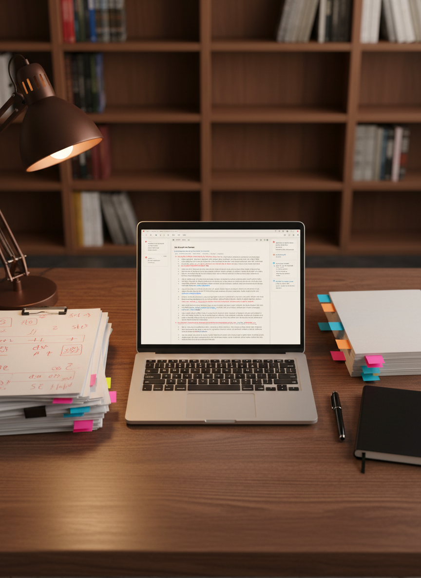 An open laptop displaying a crisp, minimal document with tracked changes and margin comments in red and blue, surrounded by organized tools of the trade: a stack of printed pages with visible proofreading marks, color-coded sticky tabs protruding from a draft manuscript, and a slim black notebook. The scene is set on a dark walnut desk in a quiet study, with built-in bookshelves fading into a soft bokeh background. Warm desk-lamp lighting from the left casts focused illumination on the screen and pages, with gentle falloff into the room. Photographic realism, slightly elevated angle, balanced composition emphasizing clarity and precision, conveying a professional, attentive editorial atmosphere perfect for literary consulting.